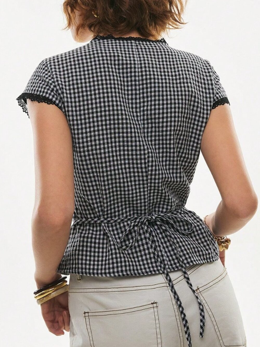 Black and White Casual Women's Gingham Lace Trim Peplum Button-Down Shirt - Picture 2 of 7